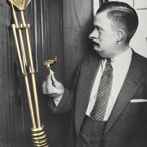 Prompt: a rutgers university president looking wistfully at a golden cane mounted on the wall of his office, 1 9 2 8