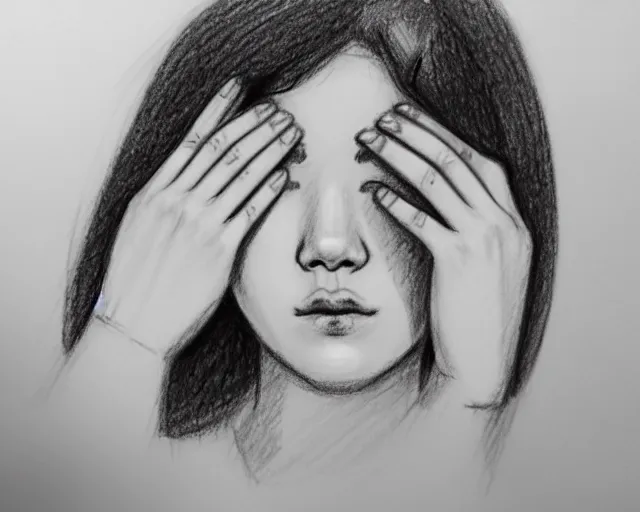 Image similar to draft drawing of a woman covering her face with her hands, a sketch by choro choi, thin stroke, trending on artstation, context art, pencil sketch, high detail