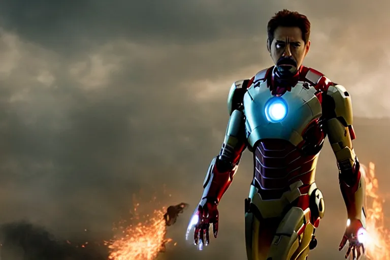 Image similar to film still of zombie Tony Stark in Ironman armor with no headpiece in new avengers movie, 4k