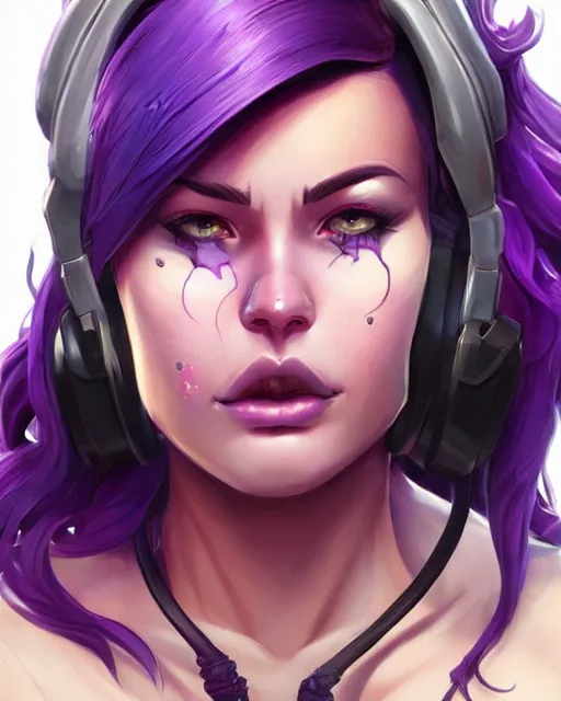 Image similar to beautiful female purple hair tattoo symmetrical face eyes headset twitch streamer full length fantasy art apex fortnite Video game icon, 2d game art gta5 cover , official fanart behance hd artstation by Jesper Ejsing, by RHADS, Makoto Shinkai and Lois van baarle, ilya kuvshinov, rossdraws