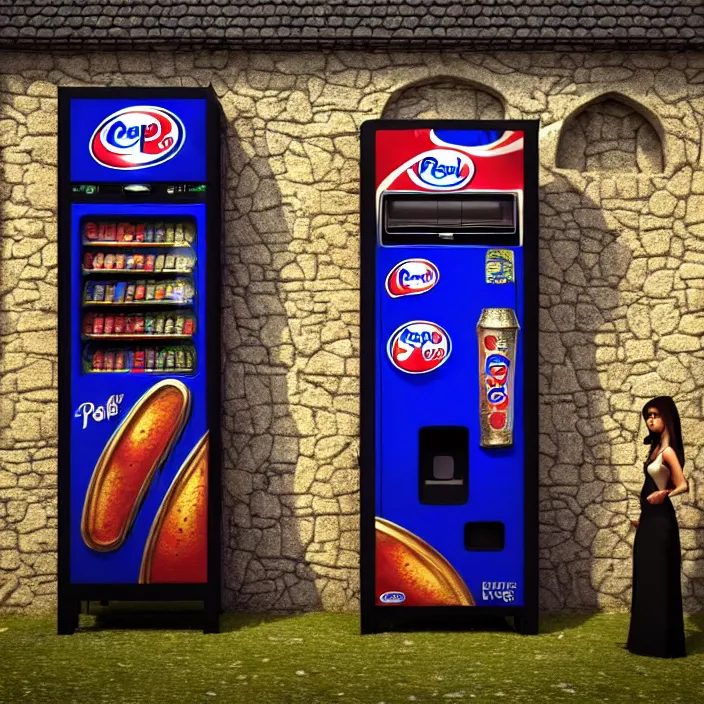 Image similar to pepsi vending machine outside a medieval house in a fantasy village. a woman is standing next to the vending machine. extremely high details, realistic, fantasy art, cinematic, octane render, masterpiece, artstation contest winner, art by johannen voss, frank frazetta