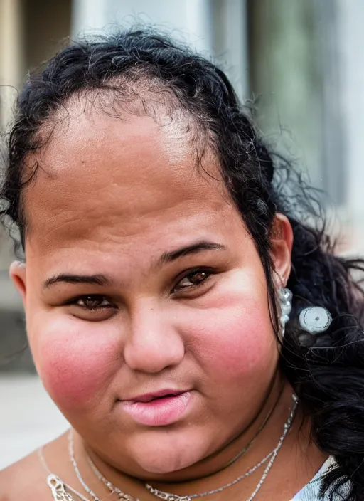 Prompt: close up portrait of a beautiful, chubby, 30-year-old woman from Cuba, happy, candid street portrait in the style of Martin Schoeller, award winning, Sony a7R