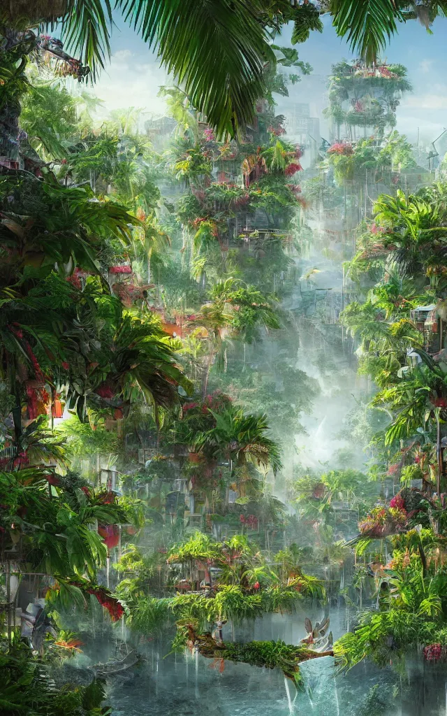 Prompt: city of bordeaux turned into an happy tropical jungle, matte painting, ultra detailed, artstation