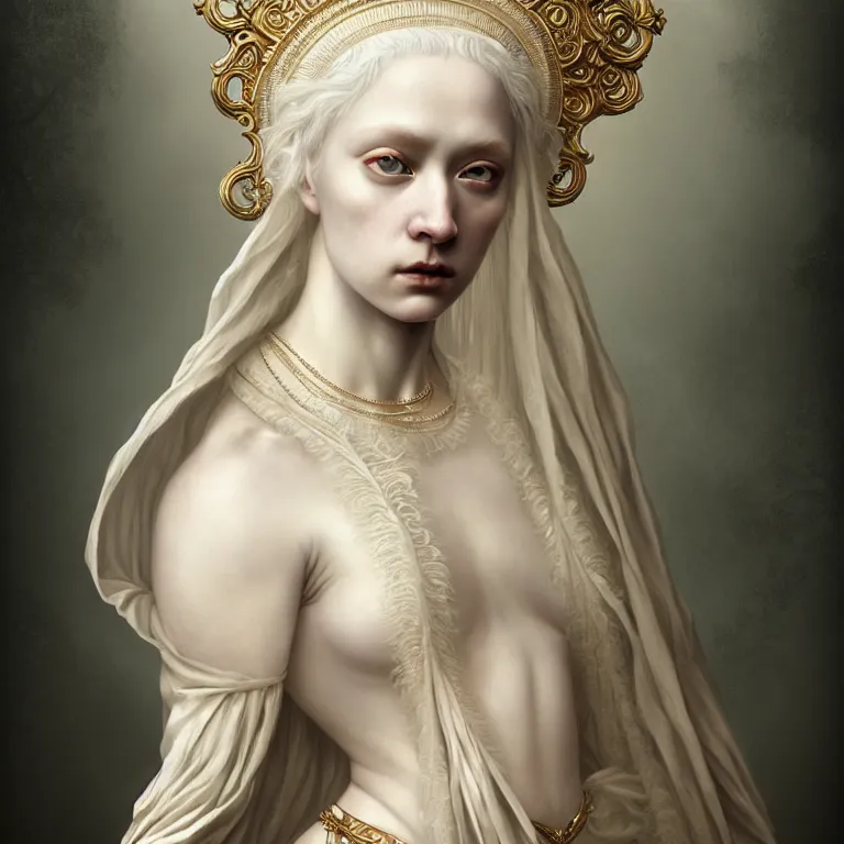 Image similar to renaissance style a wonderful woman albino goddess with a wonderful face and realistic body with long intricate hair with a beautiful porcelain symmetrical body dressed with a majestic warp ornate semi transparent cream long cotton dress, hightly ornate, intricate, detailed, dramatic light, cinematic, award winning, octane render, tom bagshaw style