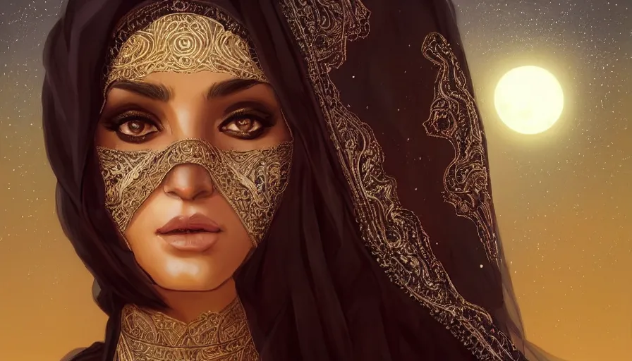 Image similar to Portrait of very very very very beautiful Arab woman wearing a Niqab, under giant full moon in the desert, intricate, glowing magical eyes, energy trails, elegant, highly detailed, digital painting, artstation, concept art, smooth, sharp focus, illustration, art by artgerm and greg rutkowski and alphonse mucha