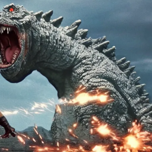 Prompt: a Caucasian fighting Godzilla