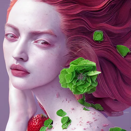 Image similar to the portrait of an absurdly beautiful, graceful, elegant, sophisticated, innocent woman made of strawberries and green petals looking up, an ultrafine hyperdetailed illustration by kim jung gi, irakli nadar, intricate linework, bright colors, octopath traveler, final fantasy, unreal engine 5 highly rendered, global illumination, radiant light, detailed and intricate environment