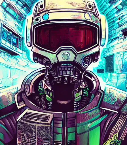 Prompt: hyper detailed comic illustration of a cyberpunk Master Chief wearing a futuristic sunglasses and a gorpcore jacket, markings on his face, by Android Jones intricate details, vibrant, solid background, low angle fish eye lens