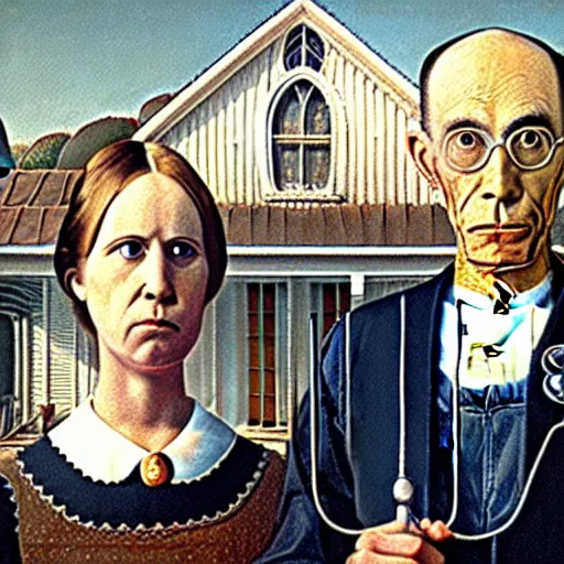 Image similar to a painting by grant wood of an astronaut couple, american gothic style