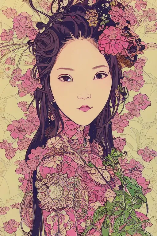 Image similar to beautiful lisa blackpink cyborg portrait girl female illustration detailed patterns art of thai traditional dress, flower pop art, floral splash painting, art by geof darrow, ashley wood, alphonse mucha, makoto shinkai