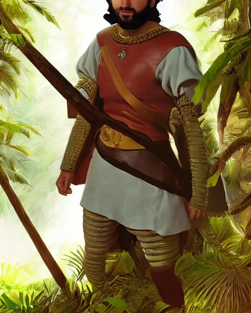 Image similar to portrait of karim benzema as a spanish conquistador in a jungle, by nicola saviori, and dan mora, studio ghibli color scheme, highly detailed, rim light, subsurface scattering, cinematic lighting, illustration, art, octane render, very coherent, cinematic, hyper realism, high detail, 8 k