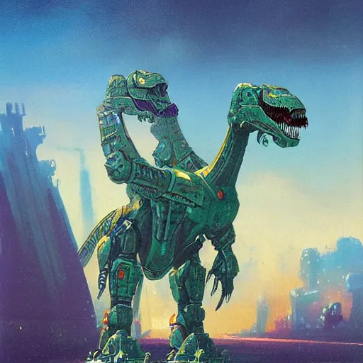 Image similar to a large anthropomorphic t - rex shaped mecha by paul lehr and moebius