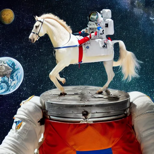 Prompt: A photograph of a horse on top of an astronaut, animal up and human down