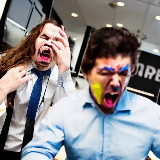 Prompt: unhappy business people throwing computers, screaming yelling, smashing things in their wework office. high resolution color magazine candid photograph.