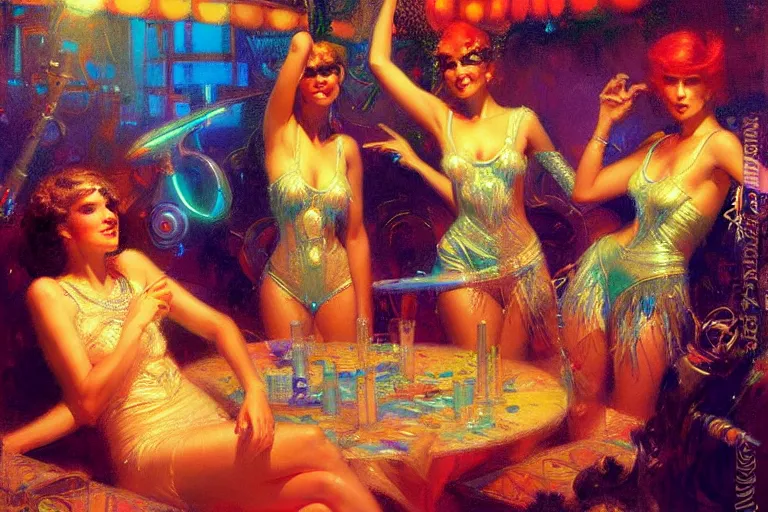 Image similar to futuristic disco party, summer, neon light, painting by gaston bussiere, craig mullins, j. c. leyendecker