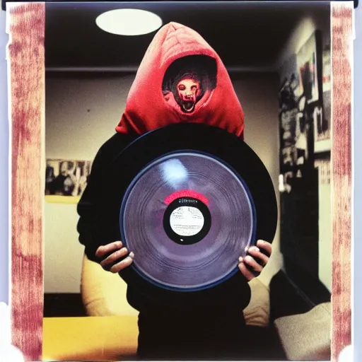 Image similar to surreal, photo of man in realistic lizard mask, in a hoodie, holding a vinyl record, 8 0 - s fashion, polaroid photo, by warhol,