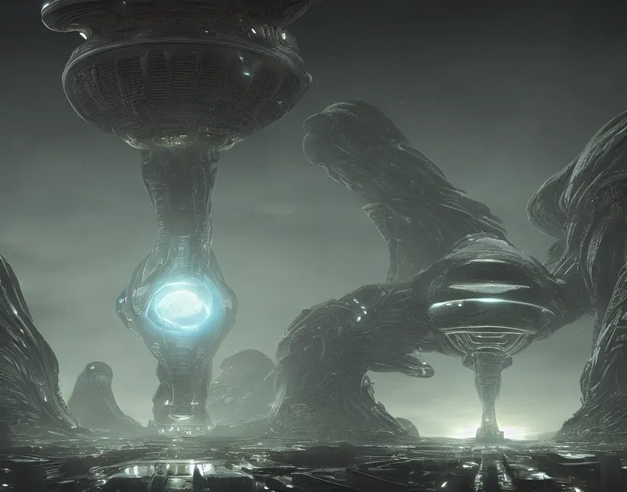 Prompt: a weird alien city with giant glowing alien builds, alien space ships and giant planet in the background. Highly detailed. 8k. Fantasy horror.