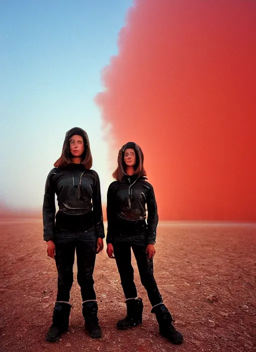 Image similar to cinestill 5 0 d photographic portrait by steve mccurry of two loving female androids wearing rugged black techwear on a desolate plain with a red sky in front of a brutalist structure, extreme closeup, cyberpunk style, dust storm, 8 k, hd, high resolution, 3 5 mm, f / 3 2, ultra realistic faces, ex machina