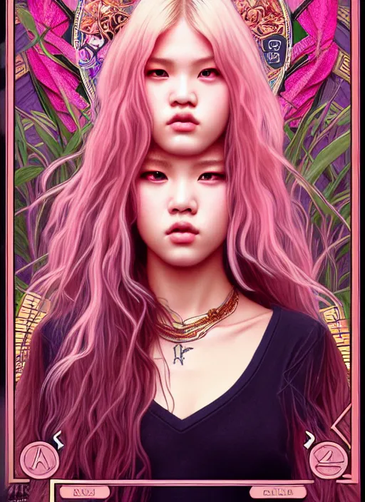 Image similar to jossi of blackpink, king, tarot card, highly detailed, digital painting, smooth, sharp focus, illustration, ultra realistic, unreal engine, 8 k, art by artgerm and alphonse mucha