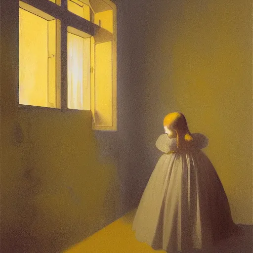 Prompt: a girl in a gold haunted liminal room, digital painting by goya, colors by pontormo, lights by hopper, extreme detail, liminal aesthetic, background art nouveau