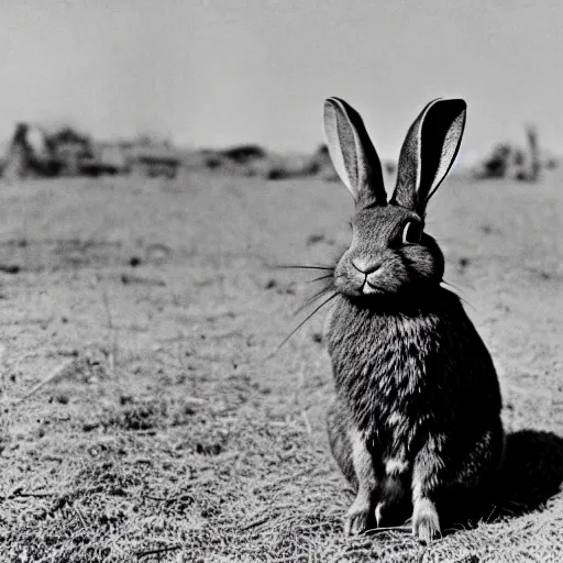 Image similar to a rabbit wearing a ww1 uniform posing in no man's land, black and white grainy photograph