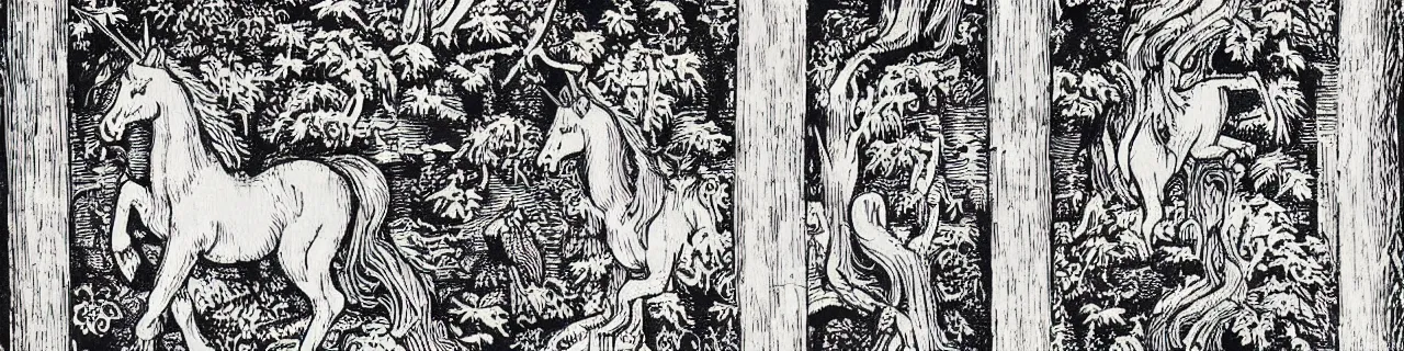 Prompt: Elaborate wallpaper print of A Unicorn in a sacred forest in the style of Albrecht Durer and Martin Schongauer, high contrast finely carved woodcut black and white crisp edges