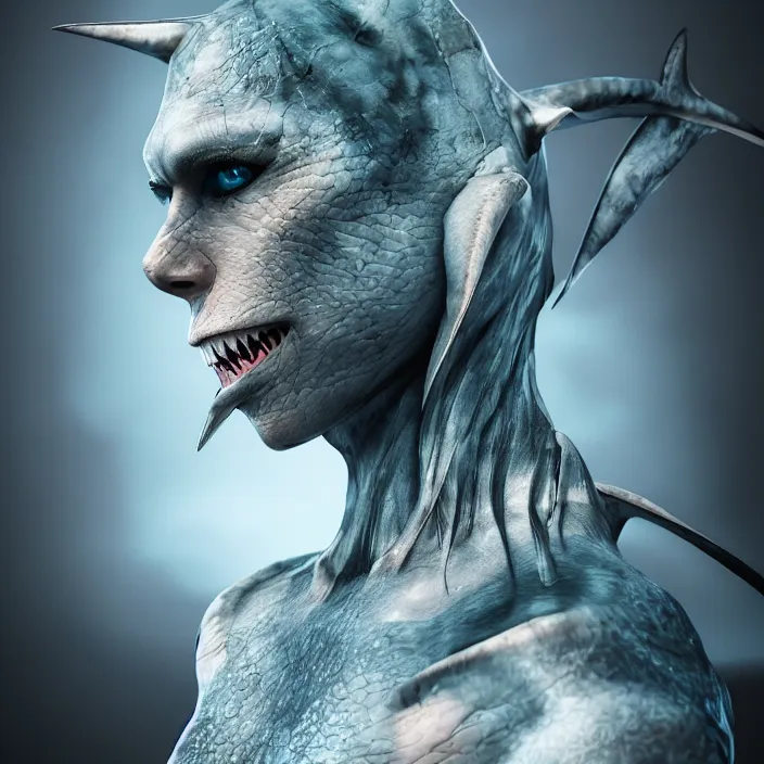 Image similar to a shark human hybrid. intricate cosplay. intricate artwork. octane render, trending on artstation, very coherent symmetrical artwork. cinematic, hyper realism, high detail, octane render, 8 k, iridescent accents