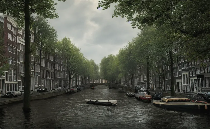 Prompt: amsterdam reclaimed by nature, a photorealistic painting by gregory crewdson, cgsociety, playstation 5 screenshot, matte painting, cryengine