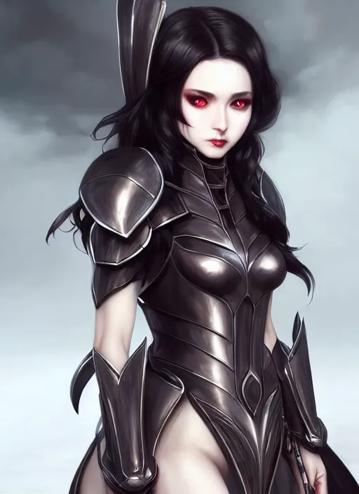 Image similar to full plate armor!!! beautiful and elegant dark hair female vampire!! gorgeous ayes!! character concept art, sharp focus, octane render! unreal engine 5! highly rendered!! trending on artstation!! detailed linework!! illustration by artgerm, wlop, and chie yoshii