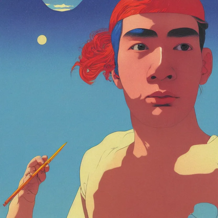 Prompt: a ULTRA-VIBRANT closeup portrait of a young siberian man sucking a blotter paper of LSD acid and dreaming psychedelic hallucinations in the vast icy landscape of Antarctica, by kawase hasui, moebius and Edward Hopper, colorful flat surreal design, hd, 8k, artstation