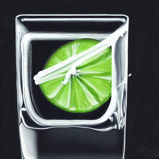 Image similar to realistic painting of an ice cube beginning to melt next to a lime wedge, black background