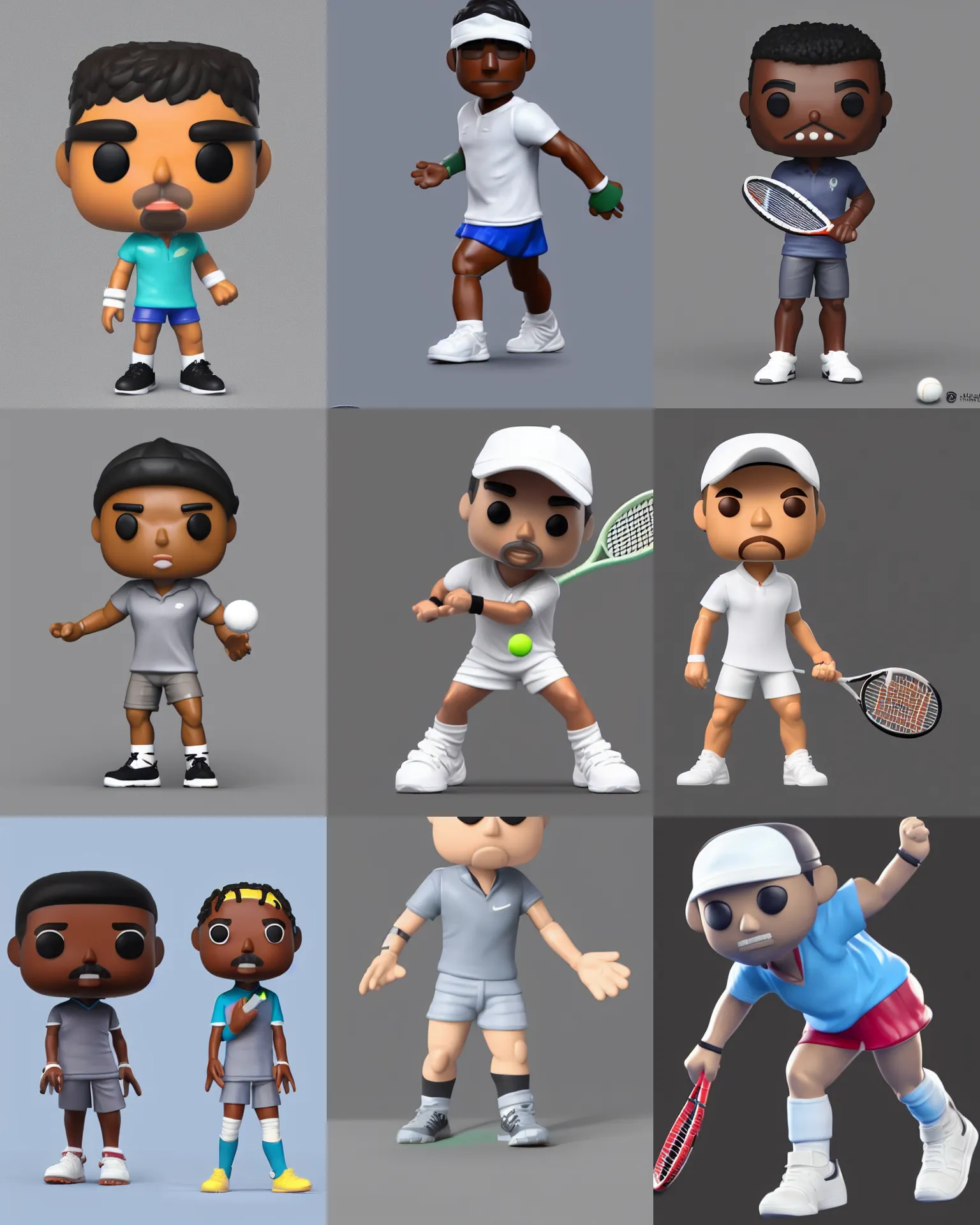 Prompt: full body 3 d render of a tennis player as a funko pop!, studio lighting, grey background, single body, no shadow, blender, trending on artstation, 8 k, highly detailed