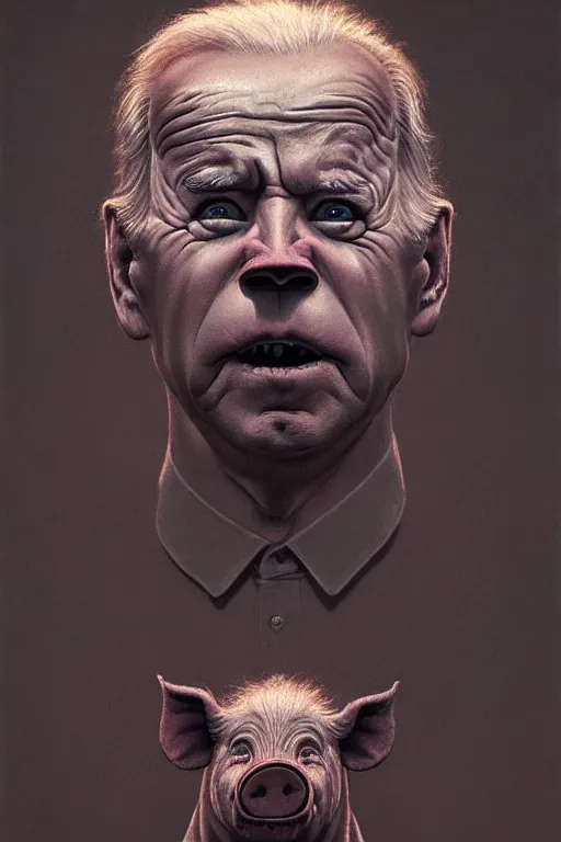 Image similar to potrait of joe biden, has face of a pig, by zdzislaw beksinski, by dariusz zawadzki, by wayne barlowe, gothic, surrealism, cosmic horror, lovecraftian, cold hue's, warm tone gradient background, concept art, beautiful composition