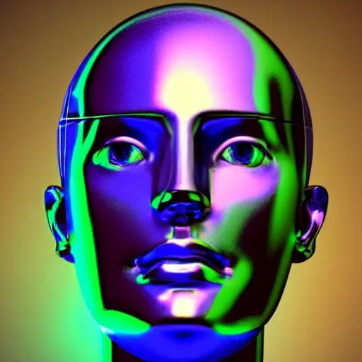 Image similar to 3d render of holographic human robotic head made of glossy iridescent, surrealistic 3d illustration of a human face non-binary, non binary model, 3d model human, cryengine, made of holographic texture, holographic material, holographic rainbow, concept of cyborg and artificial intelligence