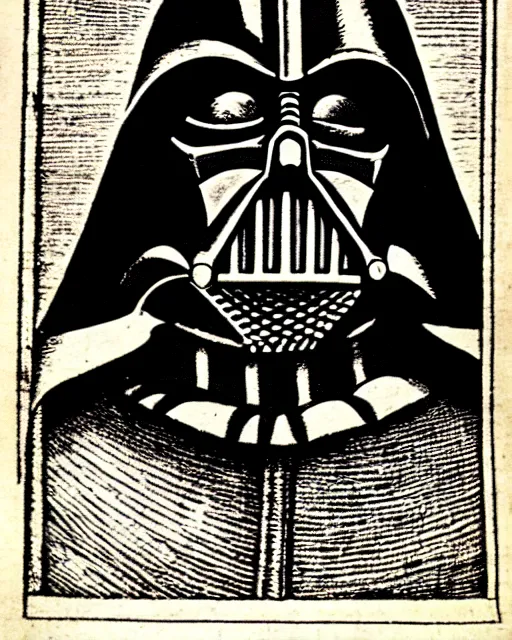 Image similar to b & w woodcut portrait of medieval darth vader from the nuremberg chronicle, 1 4 9 3, restored, hq scan