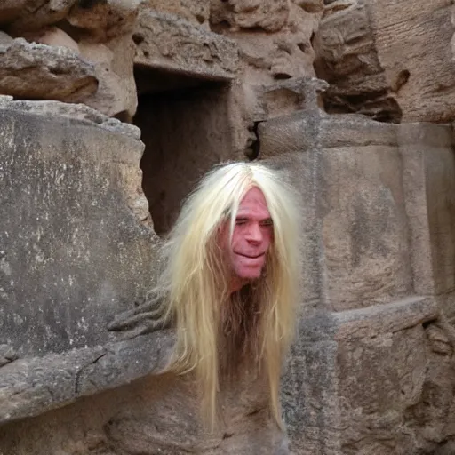 Image similar to a goblin with blonde long hair visiting Valle dei Templi, Agrigento, Italy