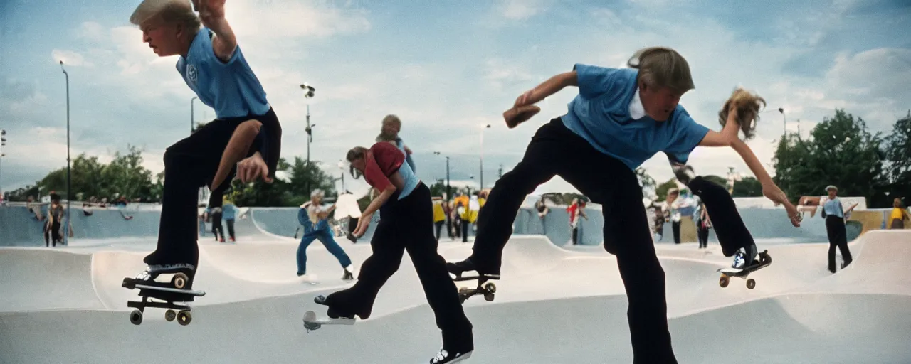 Image similar to donald trump skating at a public skate park, national geographic, canon 5 0 mm, cinematic lighting, photography, retro, film, kodachrome