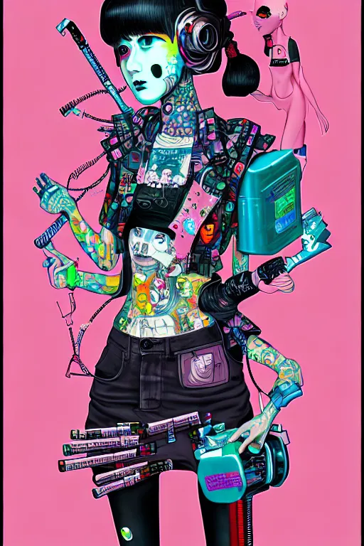 Prompt: full view, from a distance, of anthropomorphic trashcan who is cyberpunk girl, style of yoshii chie and hikari shimoda and martine johanna, highly detailed