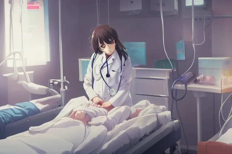 Prompt: a cute and beautiful young female doctor wearing white coat are taking care of a patient on a bed in a hospital ward, slice of life anime, anime scenery by Makoto shinkai