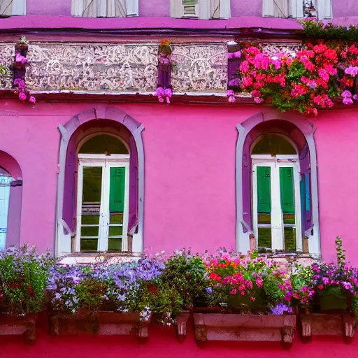 Prompt: a french building with flowers and people at the windows. sunset lighting.