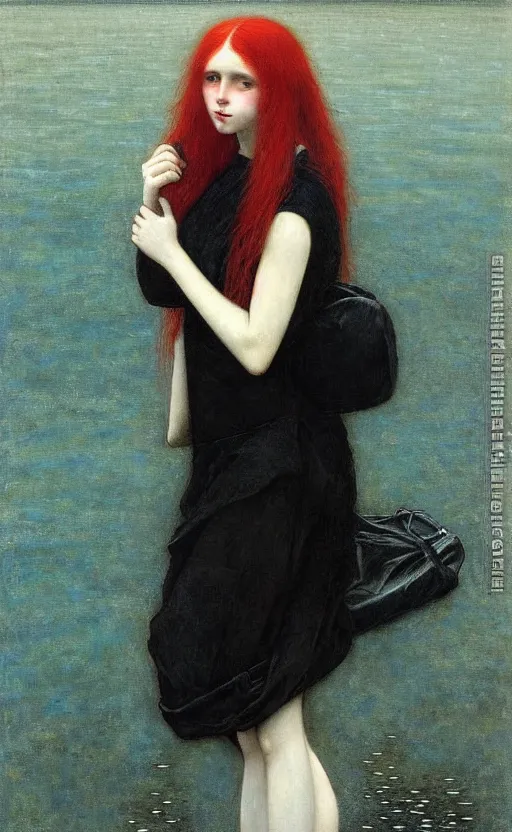 Image similar to portrait of a girl with long red hair in a black dress, under water, very beautiful style, girl wrapped in a leather salafan bag in black, photorealism, edgard maxence,