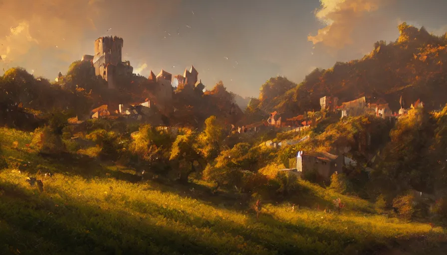 Image similar to a beautiful establishing shot of toussaint castle and vineyards, warm colors by greg rutkowski and kalin popov, trending on artstation, masterpiece,