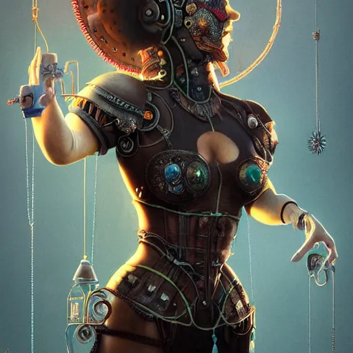 Image similar to by tom bagshaw, photorealist vivid render of a carnival of curiosities marvel, single bald steampunk female in a full ornated armor, gears, cables, led, flying machinery, partial symmetry accurate features, very intricate details, focus, award winning, ultra dense fog, trending on behance