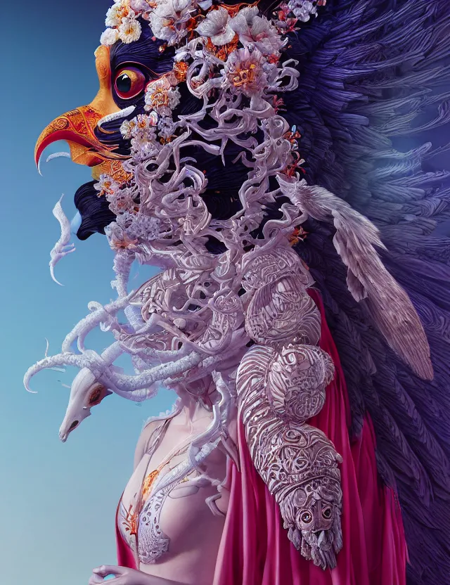 Image similar to 3 d goddess in robe close - up profile portrait with ram skull. beautiful intricately detailed japanese crow kitsune mask and clasical japanese kimono. betta fish, jellyfish phoenix, bio luminescent, plasma, ice, water, wind, creature, artwork by tooth wu and wlop and beeple and greg rutkowski