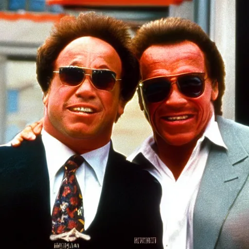 Prompt: Big Danny Devito and Small Arnold Schwarzenegger movie poster Twins 1988