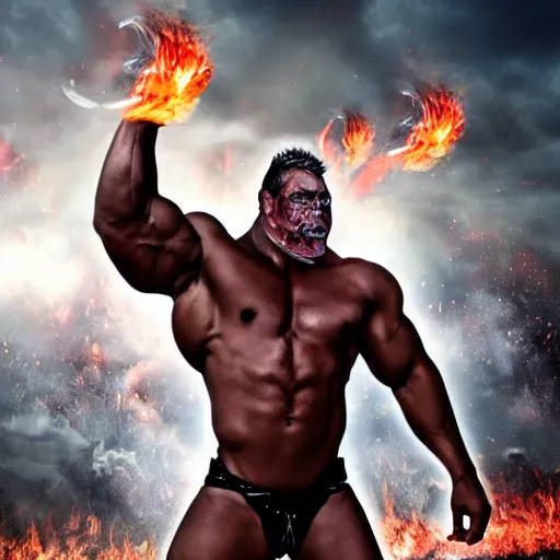 Prompt: Dark powerful muscular giant all on fire with only one eye, destroying city, realistic photo, high detailed