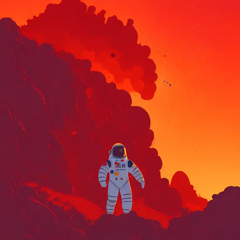Image similar to A space miner wearing orange spacesuit, high-tech spacesuit armor, in a lava planet, red tones, magma rock, lava and fire, art by James Gilleard, James Gilleard artwork, vintage