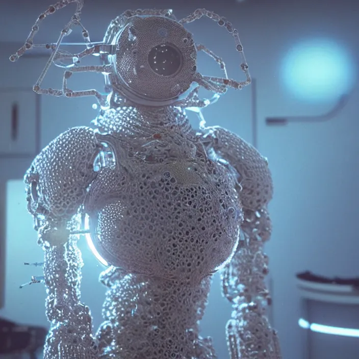 Image similar to a cybernetic symbiosis of a single astronaut mech-organic eva suit made of pearlescent wearing knitted shiny ceramic multi colored yarn thread infected with diamond 3d fractal lace iridescent bubble 3d skin dotted covered with orb stalks of insectoid compound eye camera lenses floats through the living room, film still from the movie directed by Denis Villeneuve with art direction by Salvador Dalí, wide lens,kevlar,carbon fiber,ceramics,gaseous materials,