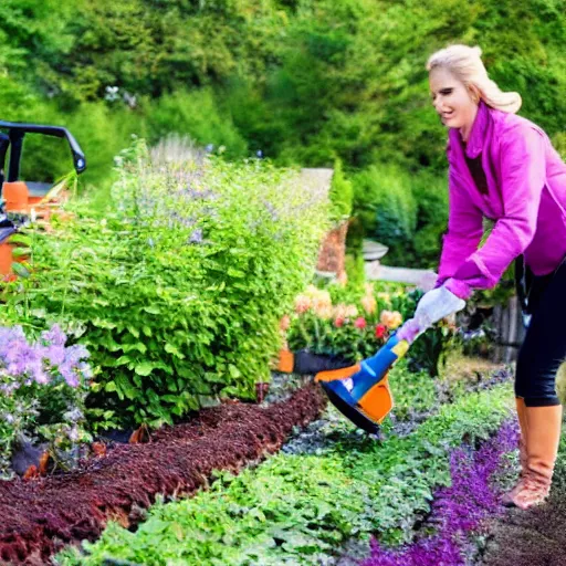 Image similar to a beautiful canadian woman, on her kness, doing some light gardening,