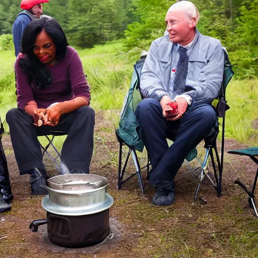 Prompt: camping in Wales with Richard Cheney and Condoleezza Rice. Condoleezza is burning the sausages on the camping stove